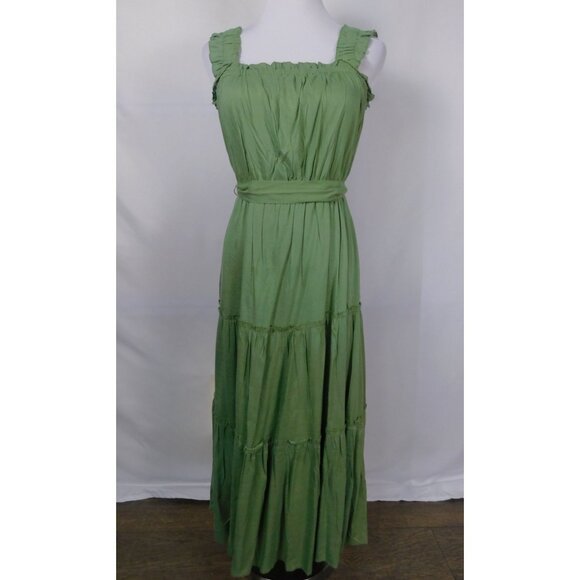 Green Maxi Dress With Ruffle Straps & Tiered Skirt Small Millennium S - Picture 1 of 11